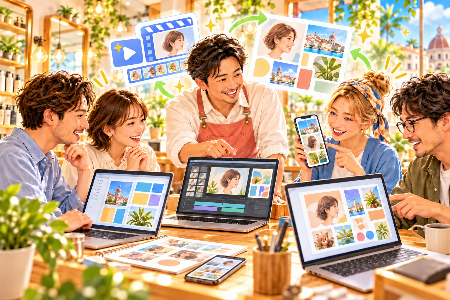 パソコンとスマートフォンを見ながら一緒に作業するイメージ